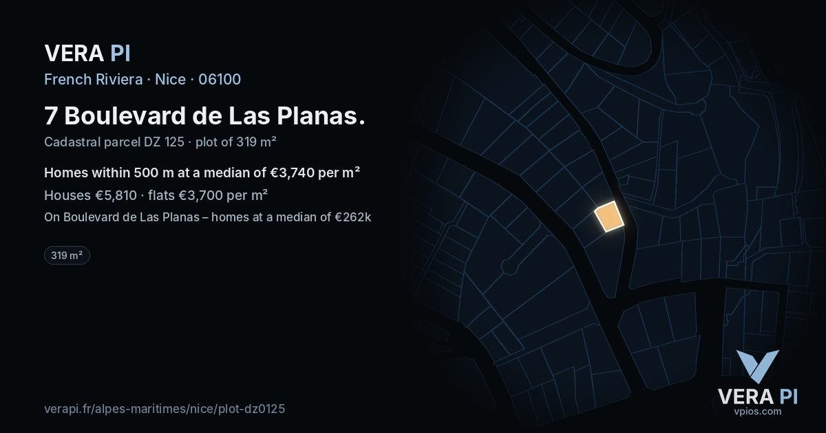 7 Boulevard de Las Planas, Nice at night – the plot lit, the parcels around coloured by the prices near them