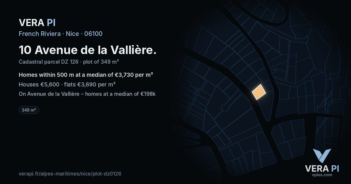 10 Avenue de la Vallière, Nice at night – the plot lit, the parcels around coloured by the prices near them