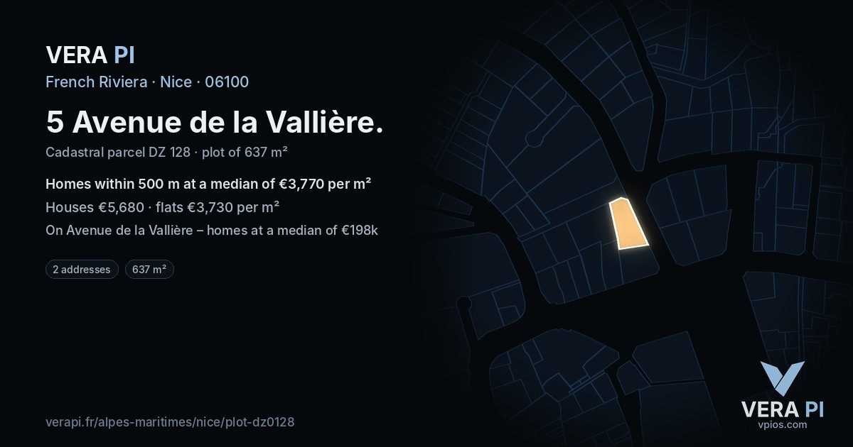 5 Avenue de la Vallière, Nice at night – the plot lit, the parcels around coloured by the prices near them