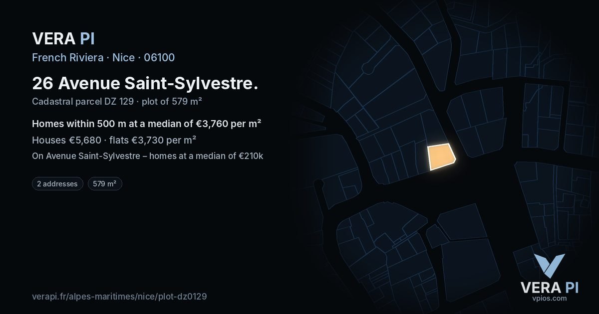 26 Avenue Saint-Sylvestre, Nice at night – the plot lit, the parcels around coloured by the prices near them