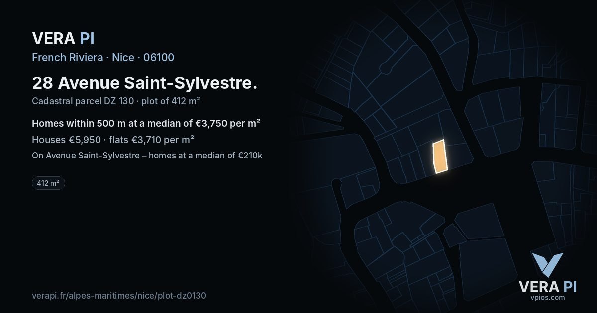28 Avenue Saint-Sylvestre, Nice at night – the plot lit, the parcels around coloured by the prices near them