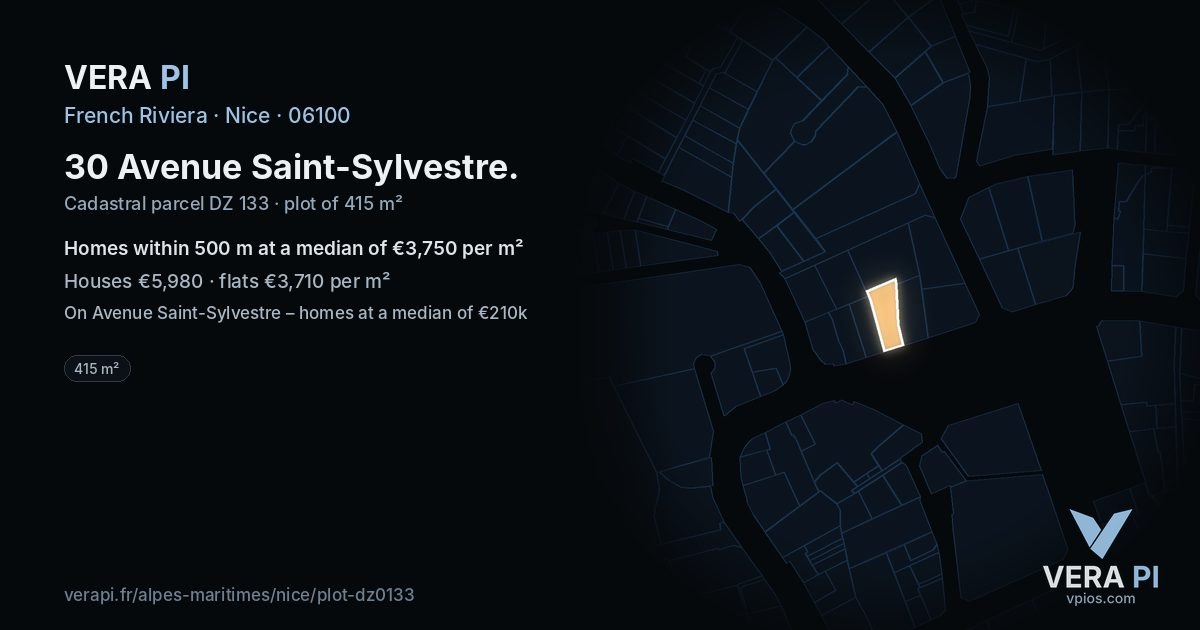 30 Avenue Saint-Sylvestre, Nice at night – the plot lit, the parcels around coloured by the prices near them