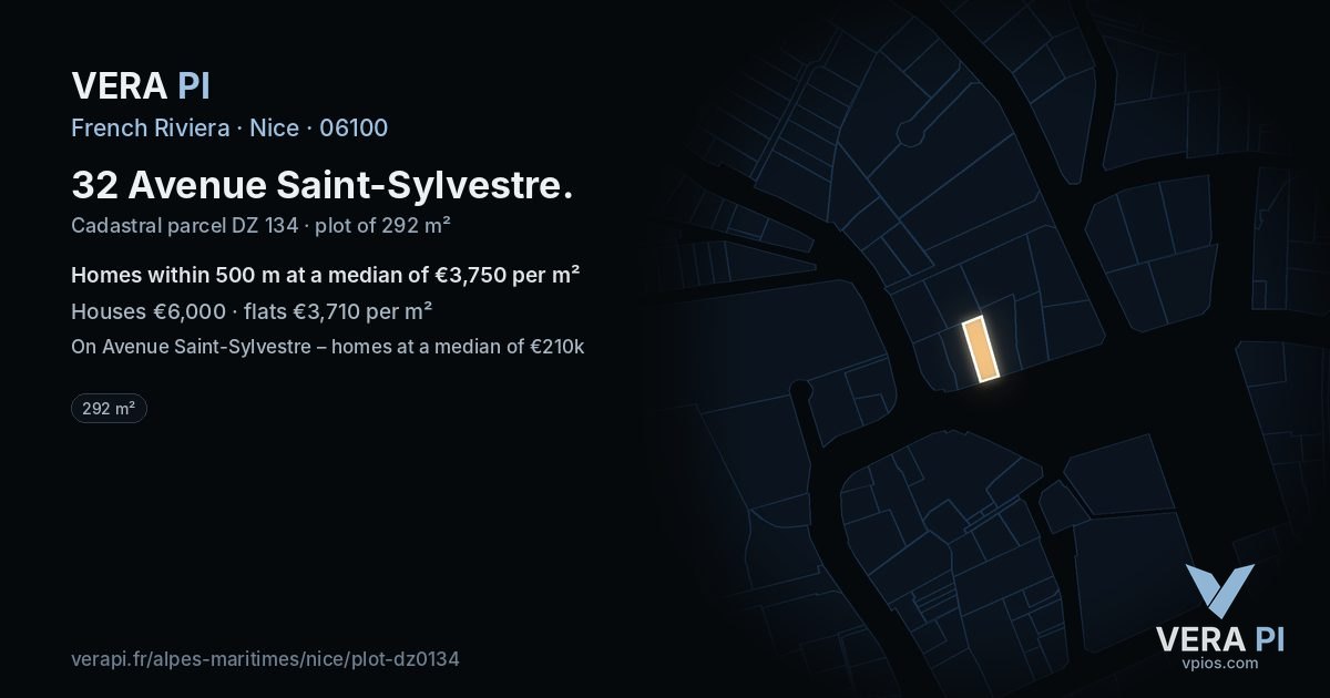 32 Avenue Saint-Sylvestre, Nice at night – the plot lit, the parcels around coloured by the prices near them