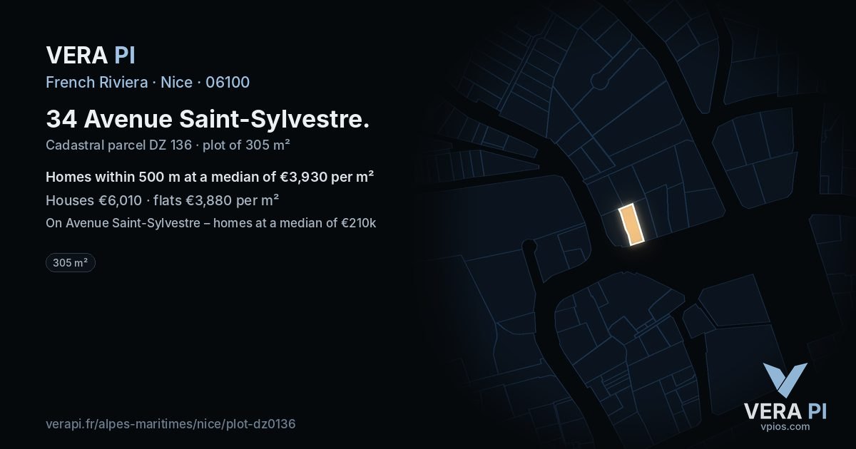 34 Avenue Saint-Sylvestre, Nice at night – the plot lit, the parcels around coloured by the prices near them