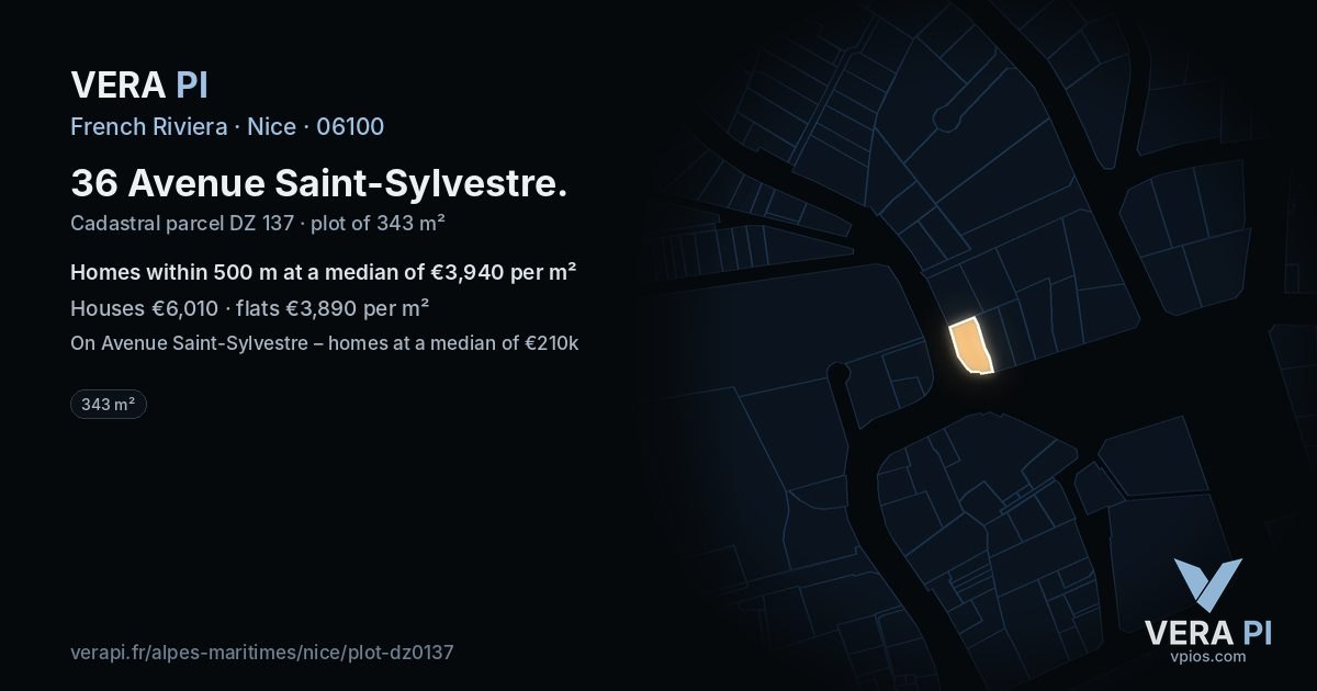 36 Avenue Saint-Sylvestre, Nice at night – the plot lit, the parcels around coloured by the prices near them