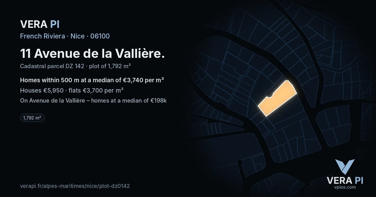 11 Avenue de la Vallière, Nice at night – the plot lit, the parcels around coloured by the prices near them