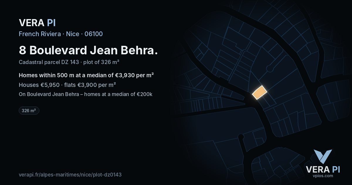 8 Boulevard Jean Behra, Nice at night – the plot lit, the parcels around coloured by the prices near them