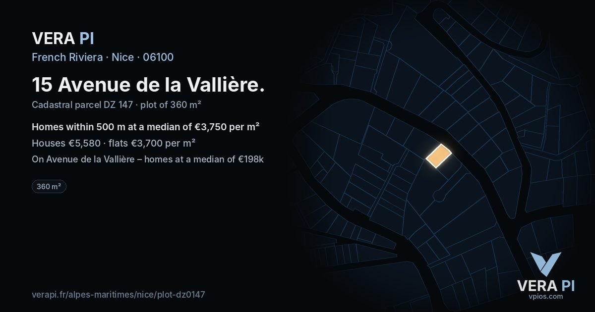 15 Avenue de la Vallière, Nice at night – the plot lit, the parcels around coloured by the prices near them