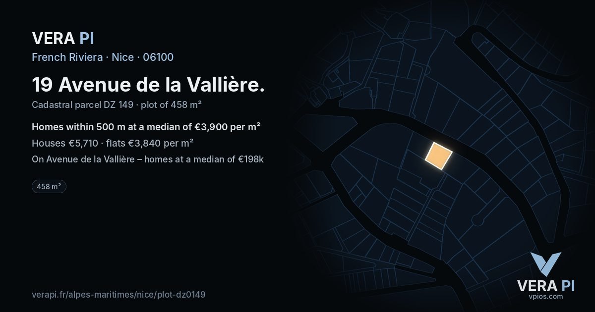 19 Avenue de la Vallière, Nice at night – the plot lit, the parcels around coloured by the prices near them