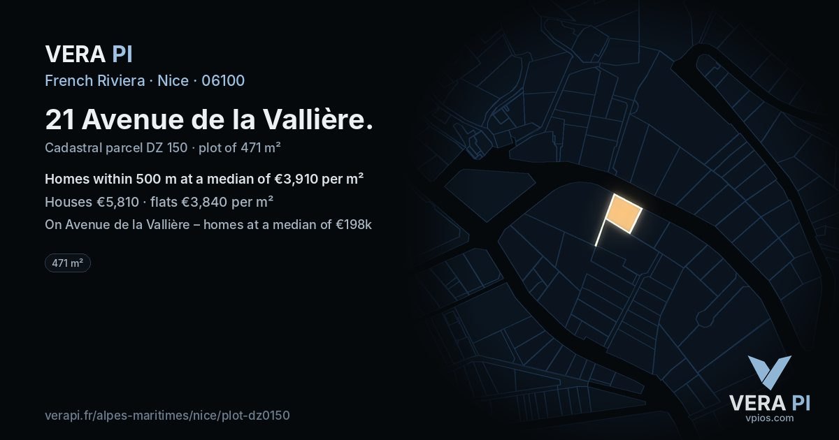 21 Avenue de la Vallière, Nice at night – the plot lit, the parcels around coloured by the prices near them