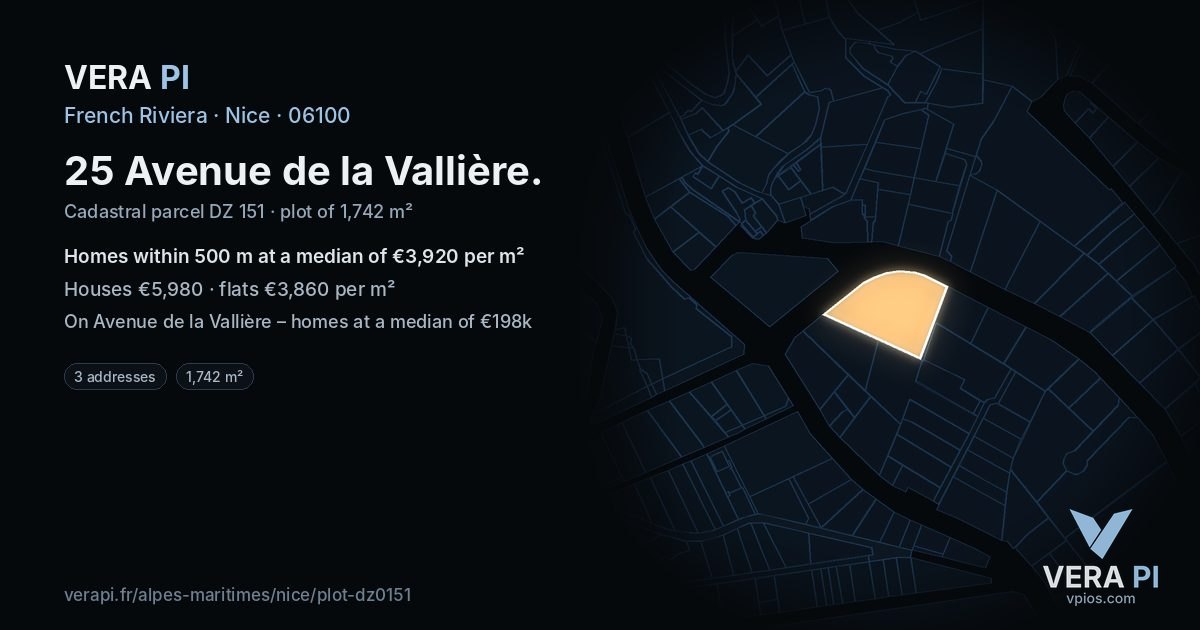 25 Avenue de la Vallière, Nice at night – the plot lit, the parcels around coloured by the prices near them