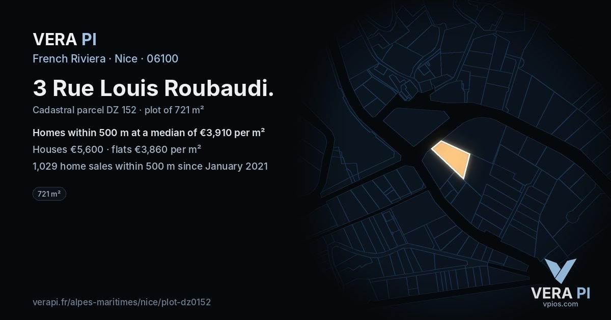 3 Rue Louis Roubaudi, Nice at night – the plot lit, the parcels around coloured by the prices near them