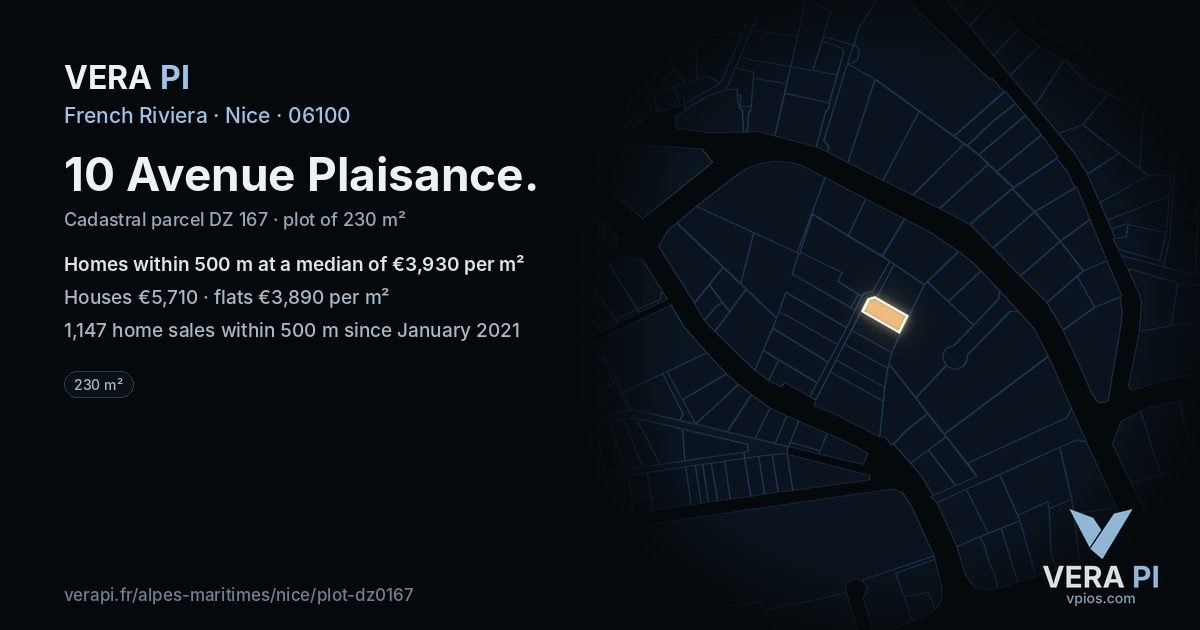 10 Avenue Plaisance, Nice at night – the plot lit, the parcels around coloured by the prices near them