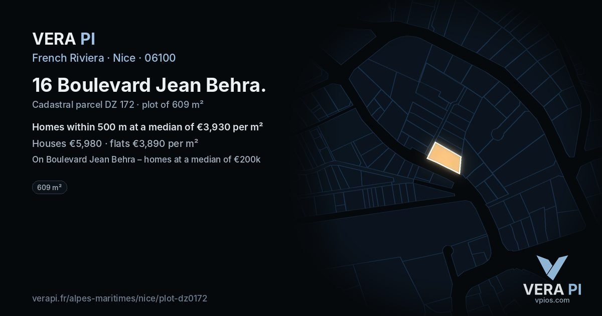 16 Boulevard Jean Behra, Nice at night – the plot lit, the parcels around coloured by the prices near them