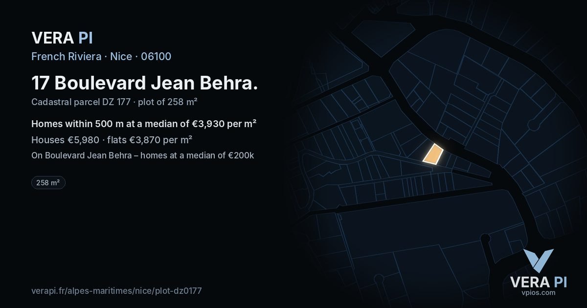 17 Boulevard Jean Behra, Nice at night – the plot lit, the parcels around coloured by the prices near them