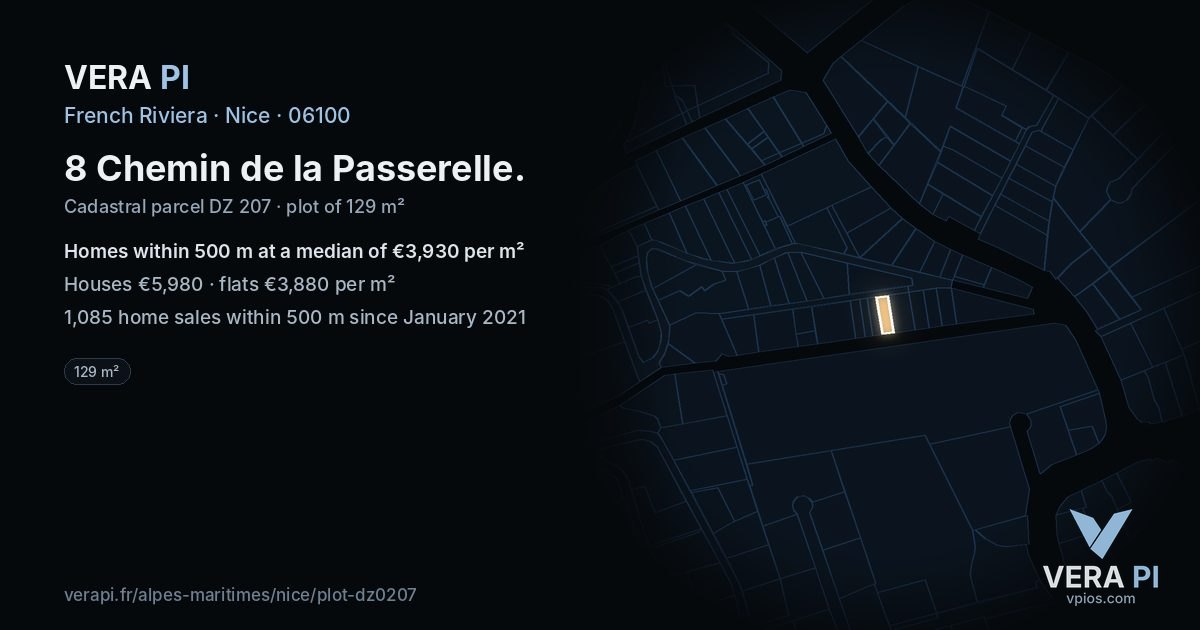 8 Chemin de la Passerelle, Nice at night – the plot lit, the parcels around coloured by the prices near them
