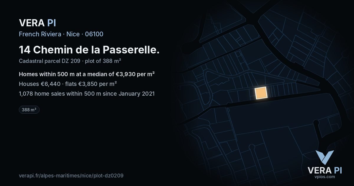 14 Chemin de la Passerelle, Nice at night – the plot lit, the parcels around coloured by the prices near them