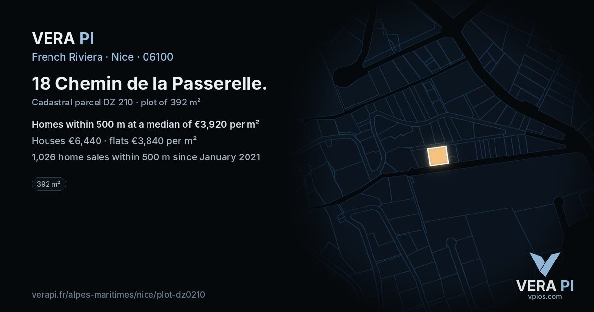 18 Chemin de la Passerelle, Nice at night – the plot lit, the parcels around coloured by the prices near them