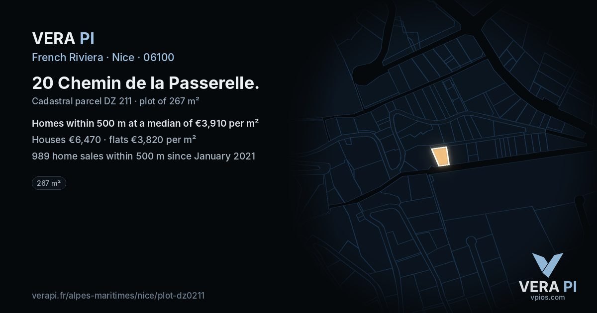 20 Chemin de la Passerelle, Nice at night – the plot lit, the parcels around coloured by the prices near them
