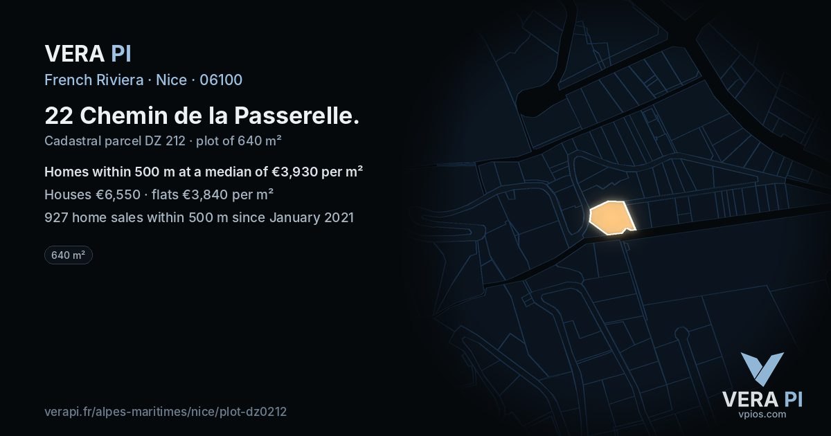 22 Chemin de la Passerelle, Nice at night – the plot lit, the parcels around coloured by the prices near them