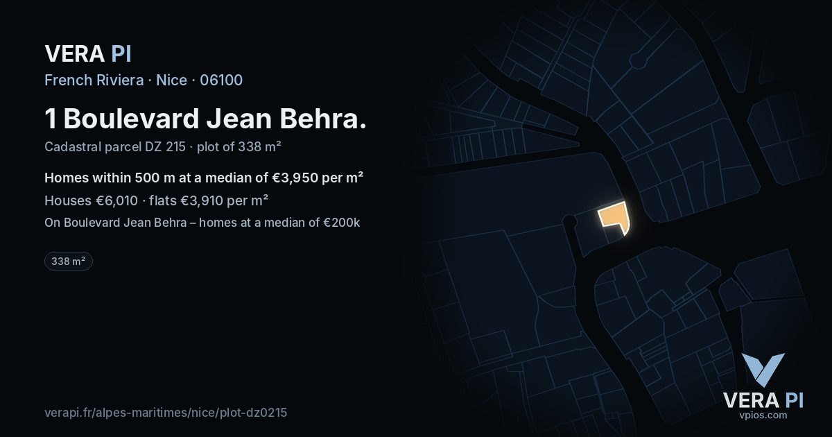1 Boulevard Jean Behra, Nice at night – the plot lit, the parcels around coloured by the prices near them