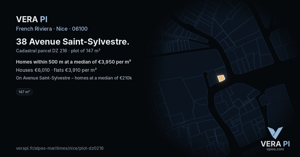 38 Avenue Saint-Sylvestre, Nice at night – the plot lit, the parcels around coloured by the prices near them