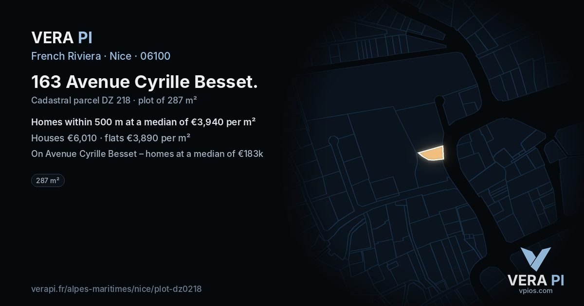 163 Avenue Cyrille Besset, Nice at night – the plot lit, the parcels around coloured by the prices near them