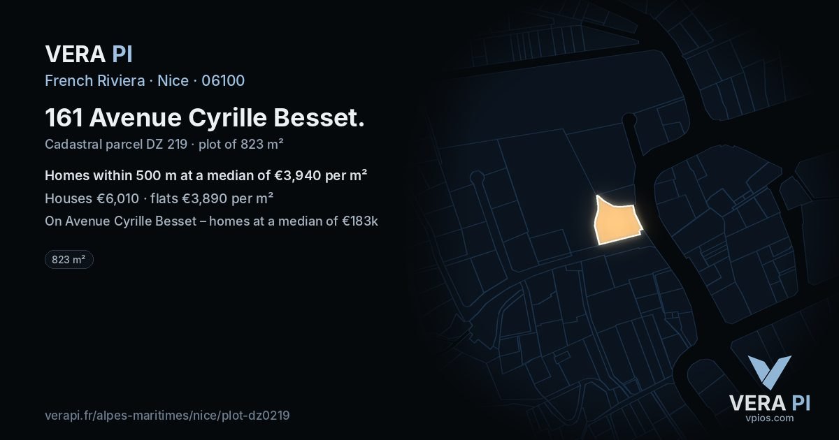 161 Avenue Cyrille Besset, Nice at night – the plot lit, the parcels around coloured by the prices near them