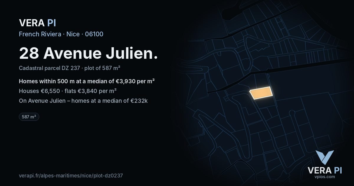 28 Avenue Julien, Nice at night – the plot lit, the parcels around coloured by the prices near them