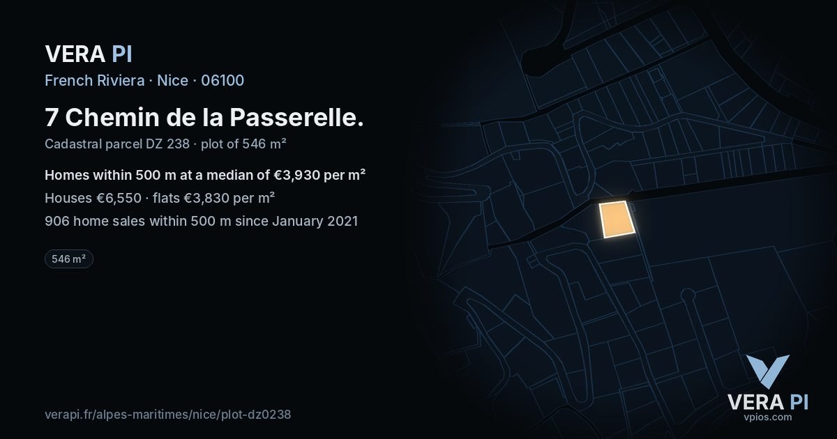 7 Chemin de la Passerelle, Nice at night – the plot lit, the parcels around coloured by the prices near them