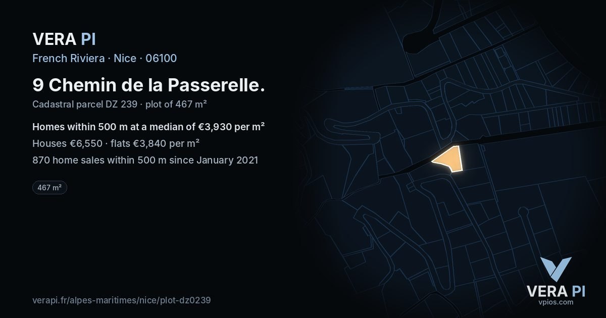 9 Chemin de la Passerelle, Nice at night – the plot lit, the parcels around coloured by the prices near them