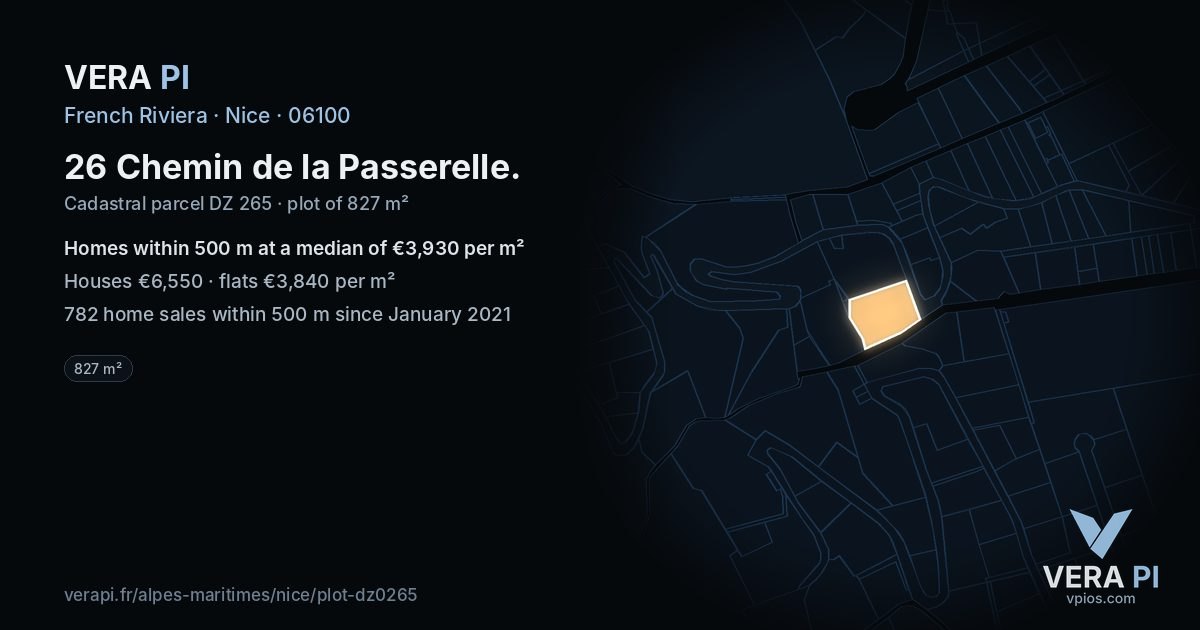 26 Chemin de la Passerelle, Nice at night – the plot lit, the parcels around coloured by the prices near them