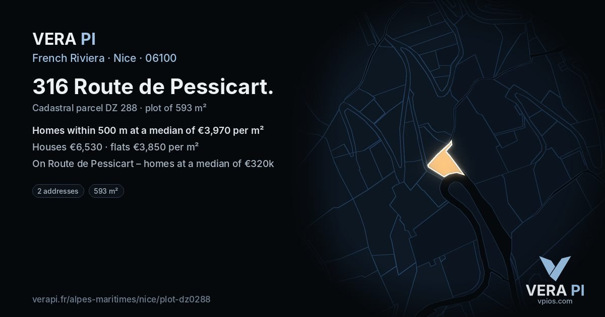316 Route de Pessicart, Nice at night – the plot lit, the parcels around coloured by the prices near them