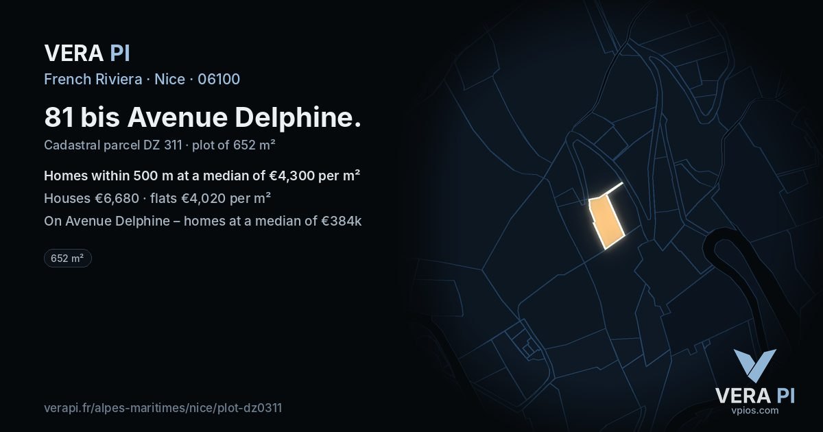 81 bis Avenue Delphine, Nice at night – the plot lit, the parcels around coloured by the prices near them