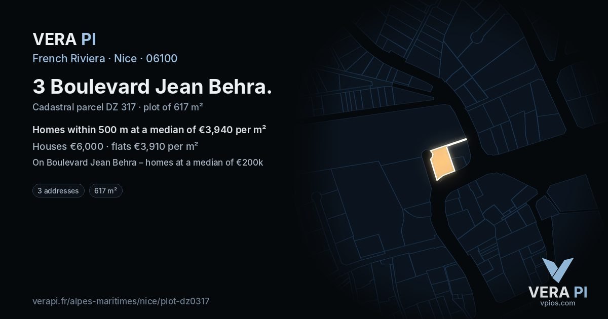 3 Boulevard Jean Behra, Nice at night – the plot lit, the parcels around coloured by the prices near them