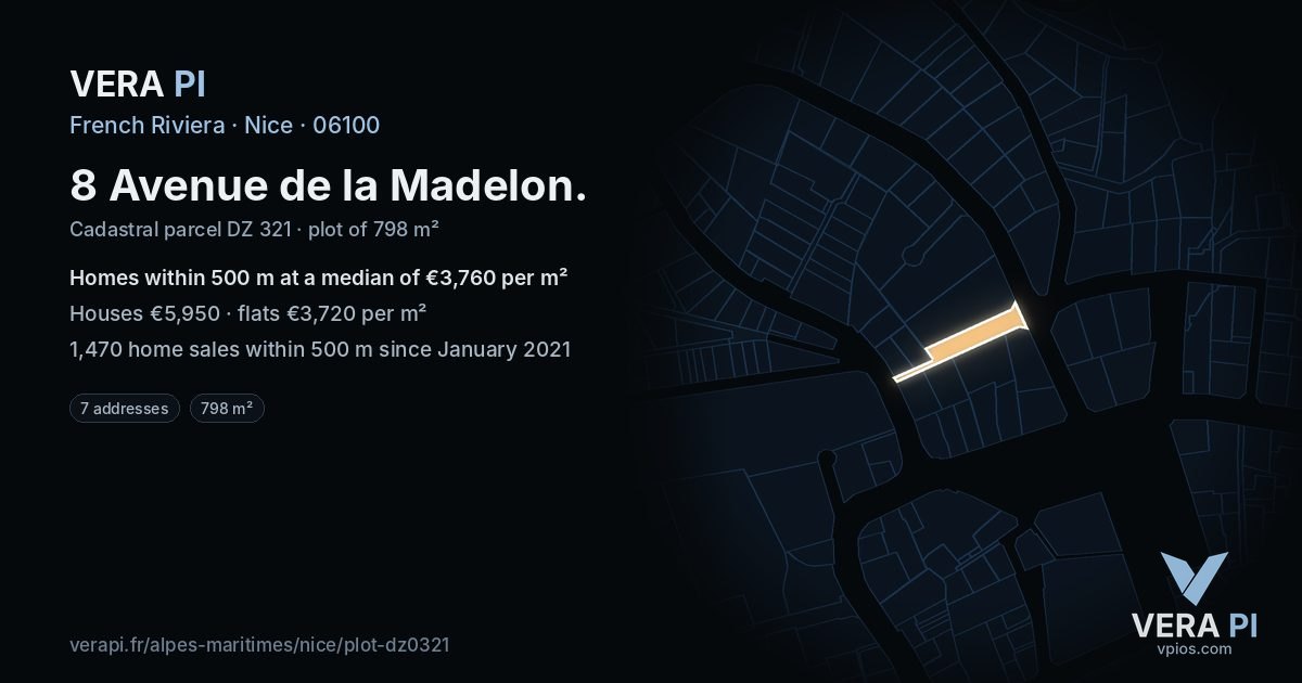 8 Avenue de la Madelon, Nice at night – the plot lit, the parcels around coloured by the prices near them