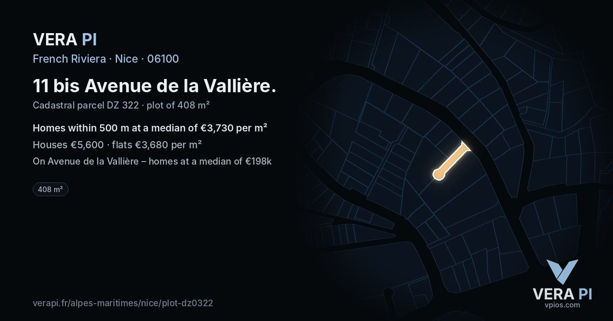 11 bis Avenue de la Vallière, Nice at night – the plot lit, the parcels around coloured by the prices near them