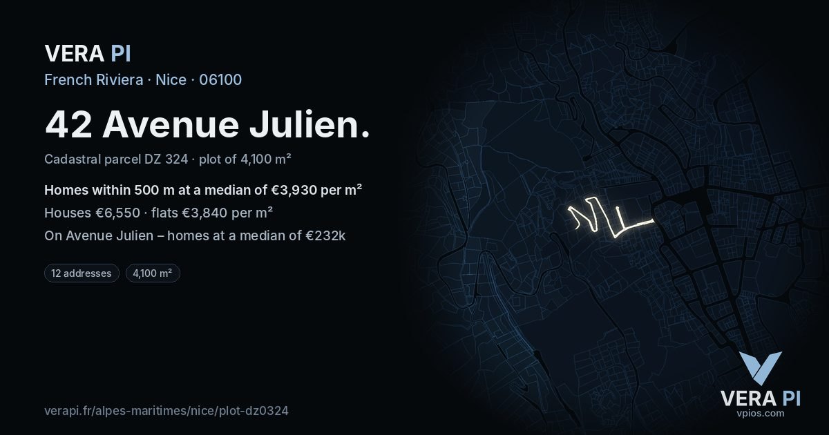 42 Avenue Julien, Nice at night – the plot lit, the parcels around coloured by the prices near them