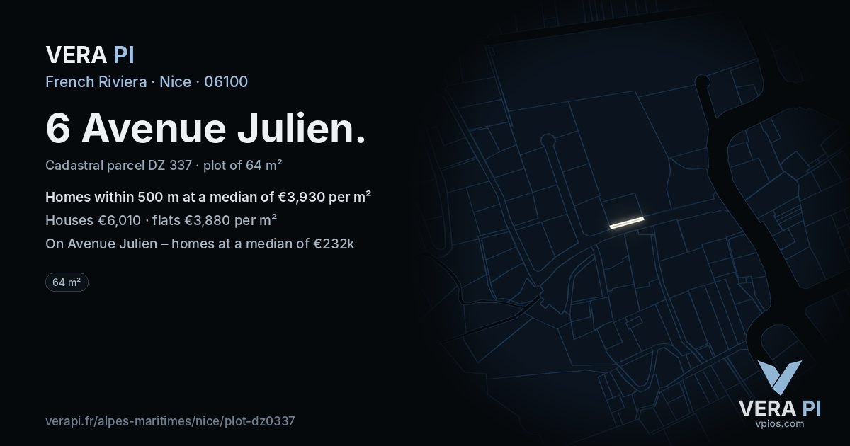 6 Avenue Julien, Nice at night – the plot lit, the parcels around coloured by the prices near them
