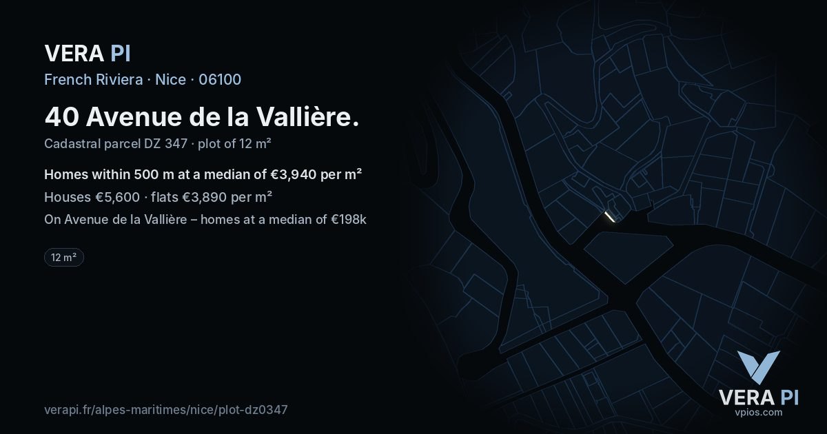 40 Avenue de la Vallière, Nice at night – the plot lit, the parcels around coloured by the prices near them