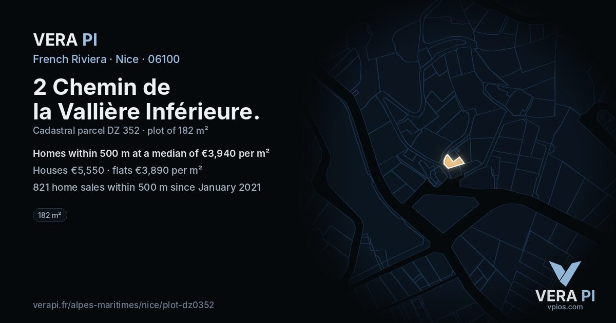 2 Chemin de la Vallière Inférieure, Nice at night – the plot lit, the parcels around coloured by the prices near them