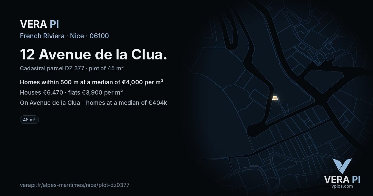 12 Avenue de la Clua, Nice at night – the plot lit, the parcels around coloured by the prices near them