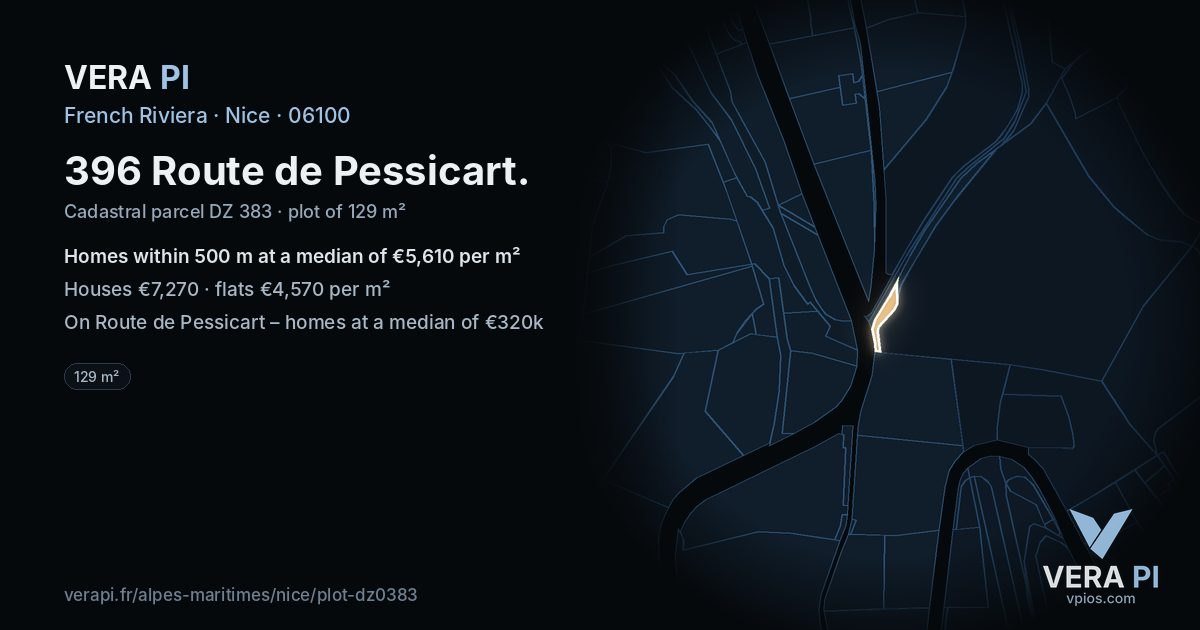 396 Route de Pessicart, Nice at night – the plot lit, the parcels around coloured by the prices near them