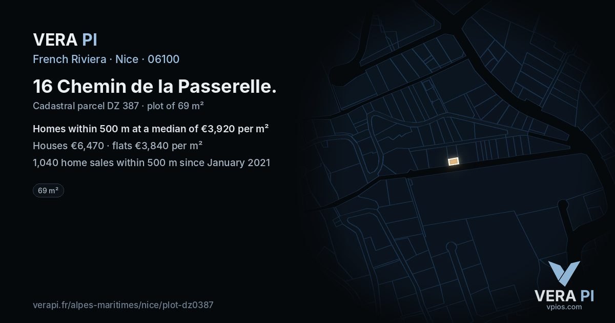 16 Chemin de la Passerelle, Nice at night – the plot lit, the parcels around coloured by the prices near them