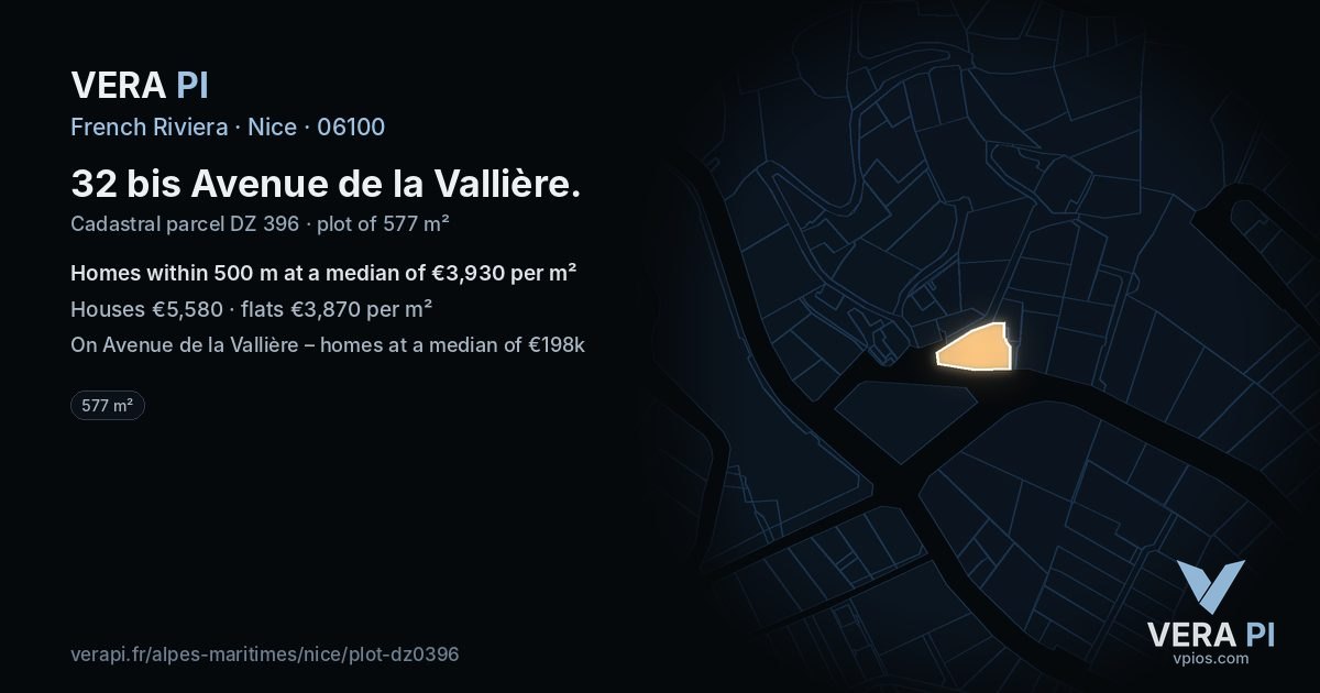 32 bis Avenue de la Vallière, Nice at night – the plot lit, the parcels around coloured by the prices near them