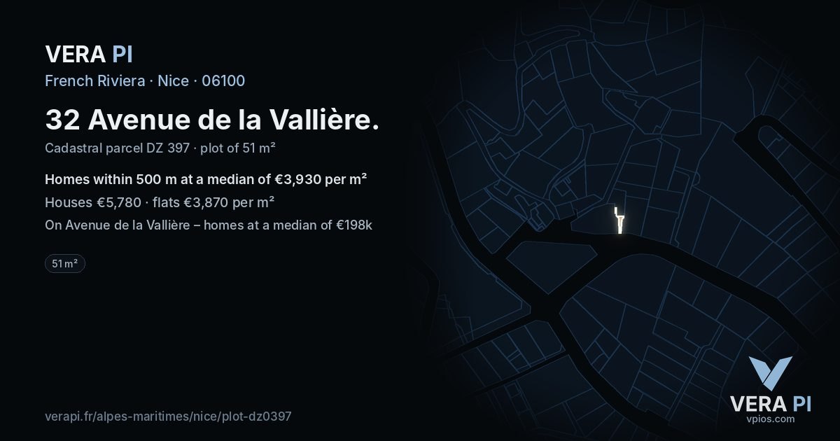 32 Avenue de la Vallière, Nice at night – the plot lit, the parcels around coloured by the prices near them