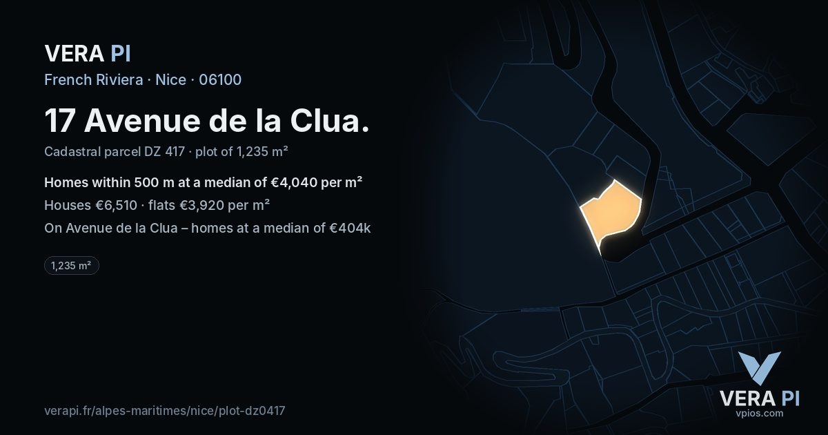 17 Avenue de la Clua, Nice at night – the plot lit, the parcels around coloured by the prices near them