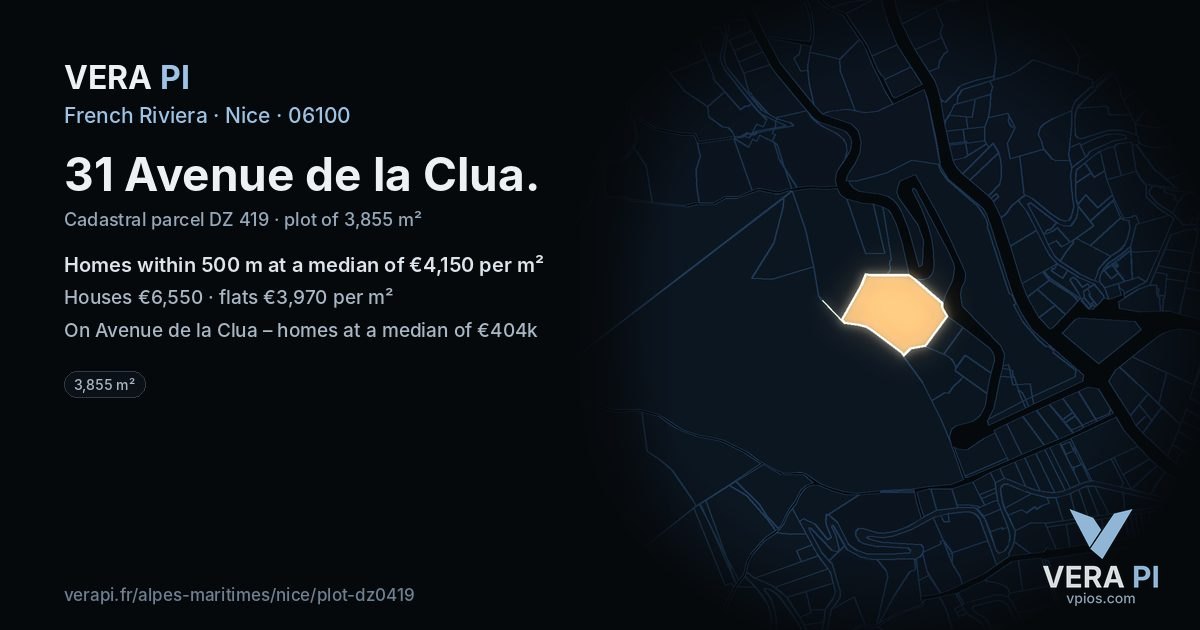 31 Avenue de la Clua, Nice at night – the plot lit, the parcels around coloured by the prices near them