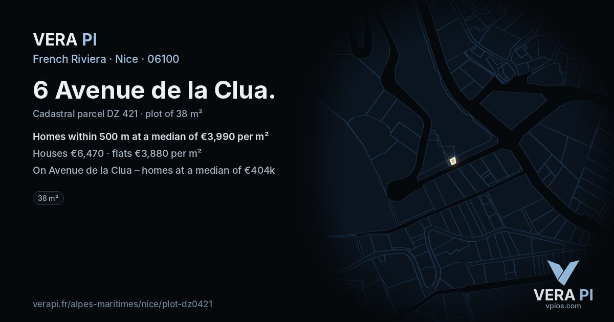 6 Avenue de la Clua, Nice at night – the plot lit, the parcels around coloured by the prices near them
