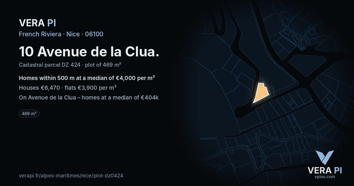 10 Avenue de la Clua, Nice at night – the plot lit, the parcels around coloured by the prices near them